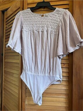 Free People Dusty Lavender Smocked Flutter Sleeve Bodysuit